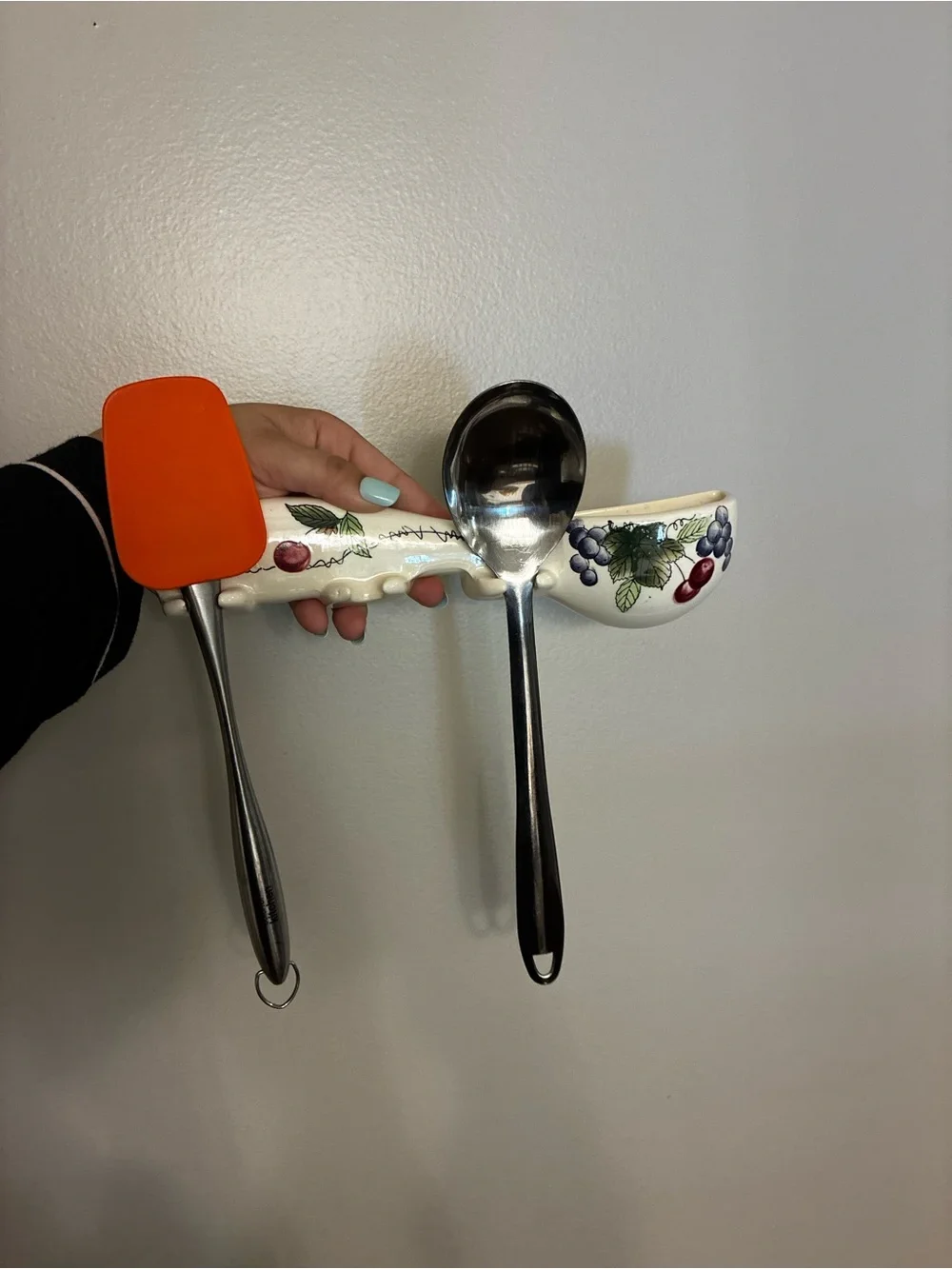 Vintage Ceramic Spoon Wall-pocket Utensil Holder with Fruit Motif